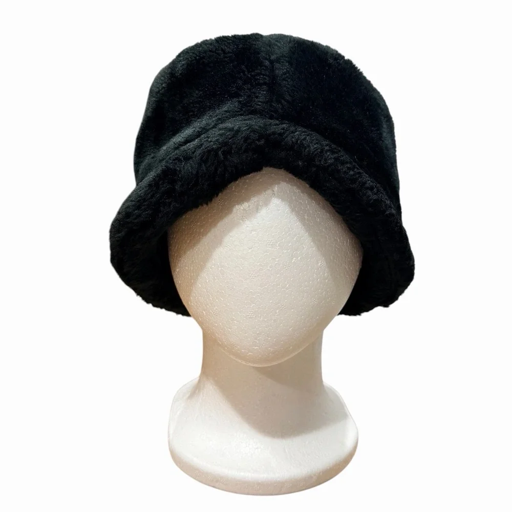 Fluffy‎ Faux Fur Bucket Hat Winter Warm Black Hat for Women Men Accessories